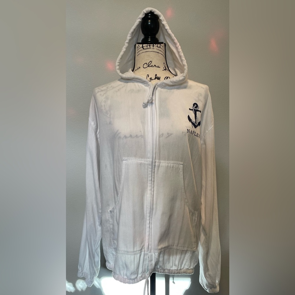 White 100% cotton Hooded Zip-Up  and Cinch tie Jacket with Anchor Logo